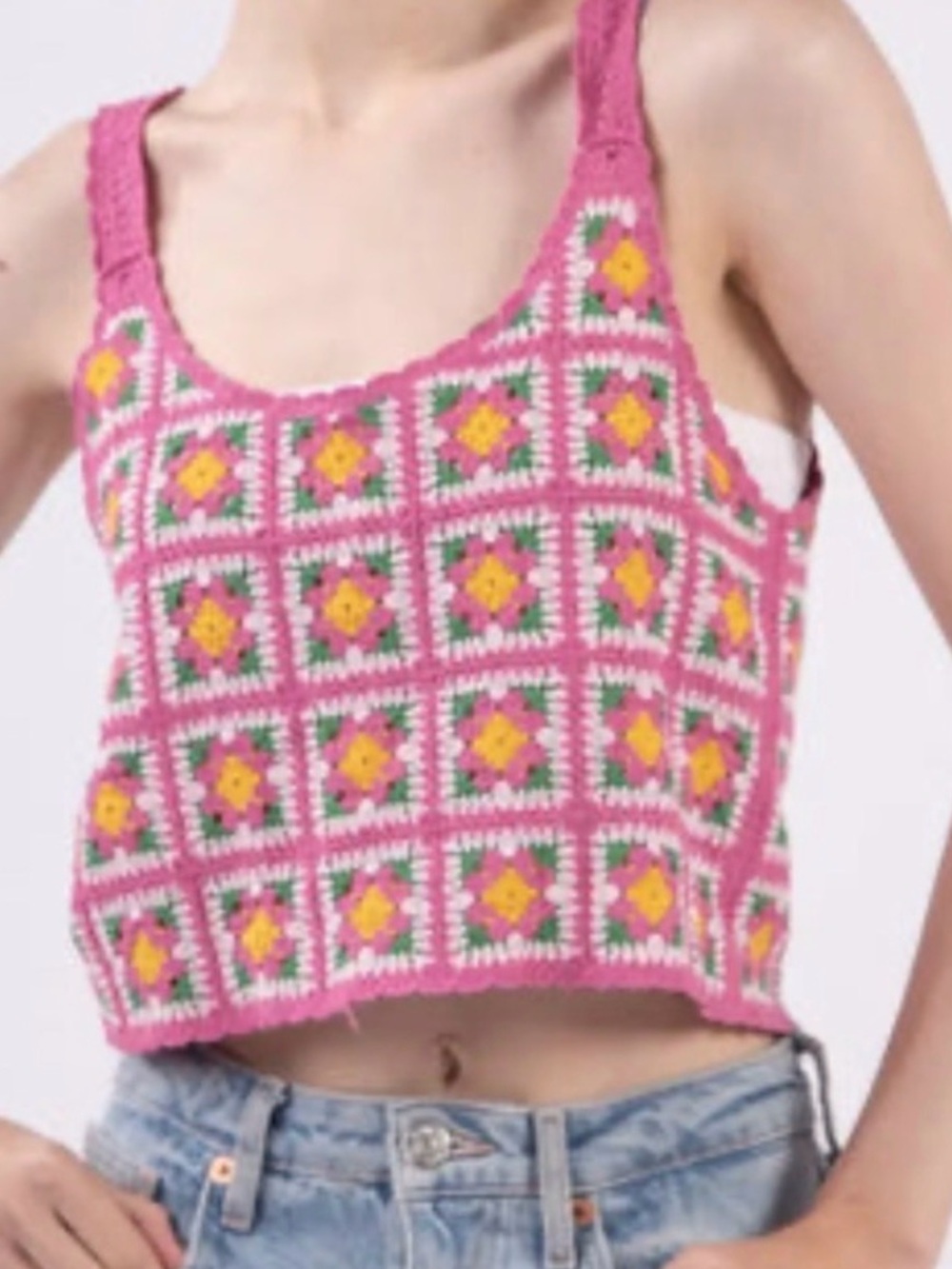 Crochet Granny Square Crop Top Pink Yellow Tank Top Travel Vacation Festival